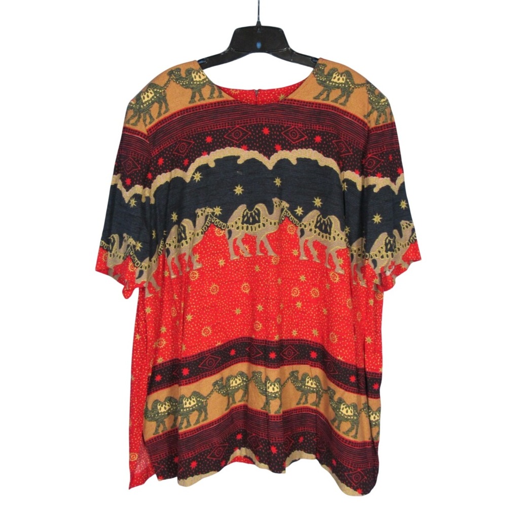 VTG AMATO Red/Multi CAMEL CARAVAN PRINT Zip Back TASSELS Blouse/Top Sz 24W